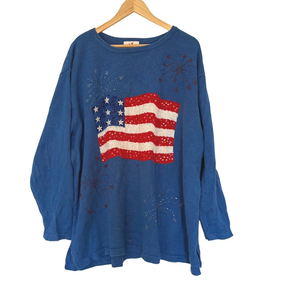 Vtg Quacker Factory American Patriotic USA Flag Fireworks Tunic Sweater Blue 2X
